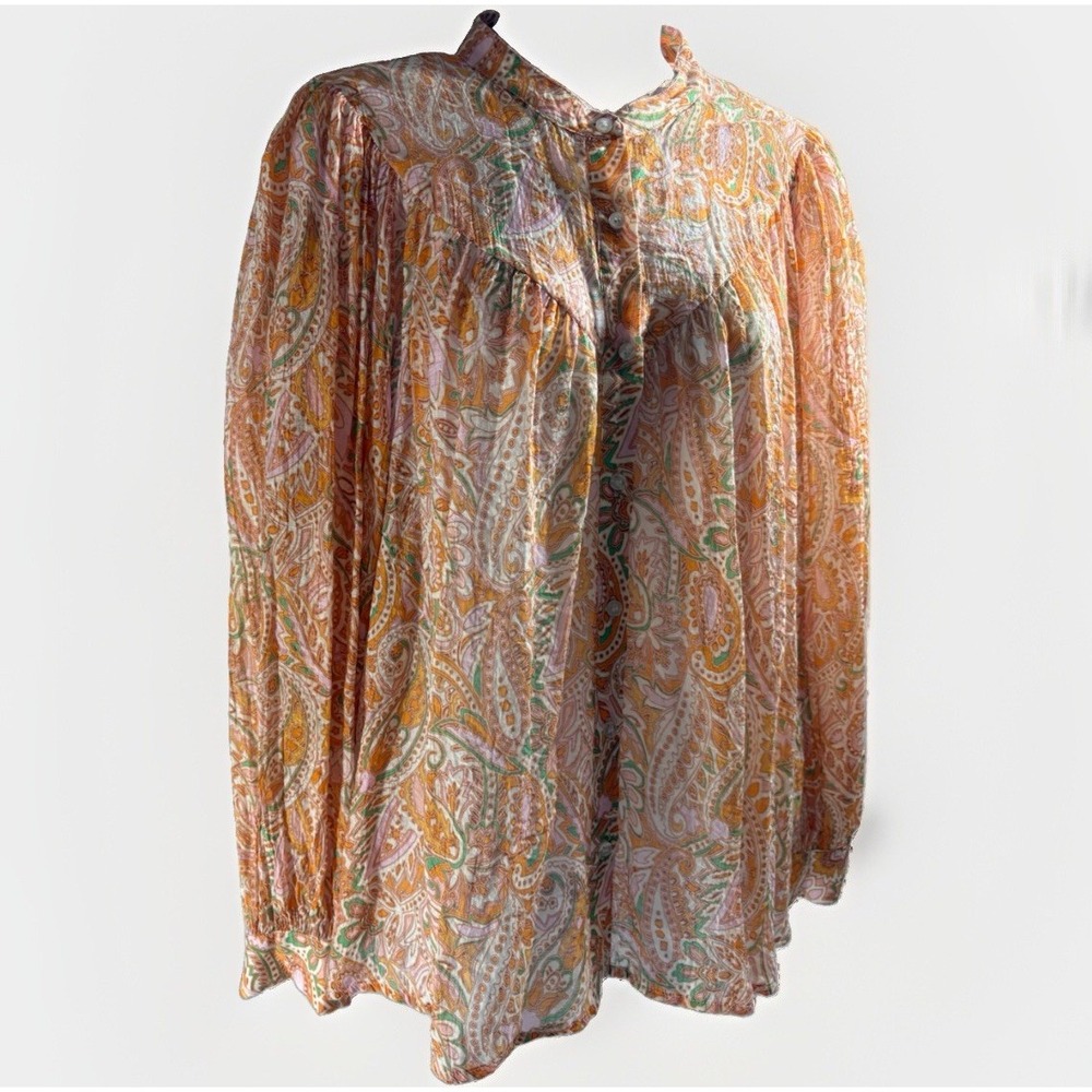 CECE Paisley Print Button Front Blouse Top Gathered Band Collar Orange L